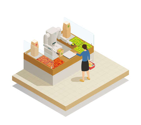 Supermarket innovative technologies isometric composition with robot assisting customer in fresh fruits and vegetables section vector illustrationのイラスト素材