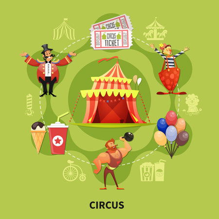 Big round colored circus cartoon composition with participants working in the arena vector illustrationのイラスト素材