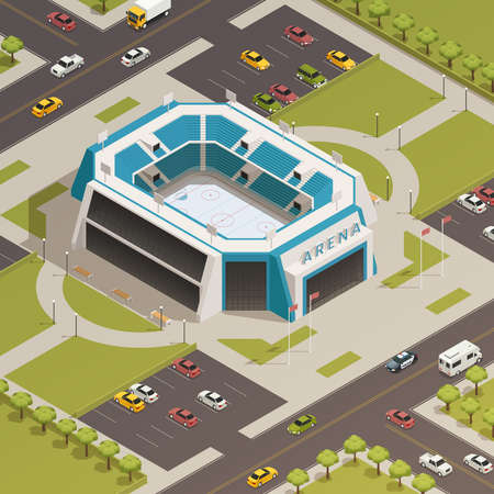 Ice hockey competitions sport arena stadium with adjacent parking lots and lawns area isometric composition vector illustrationのイラスト素材
