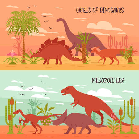 Two horizontal dino banners collection with images of prehistoric landscape with plants and dinosaur flat characters vector illustrationのイラスト素材
