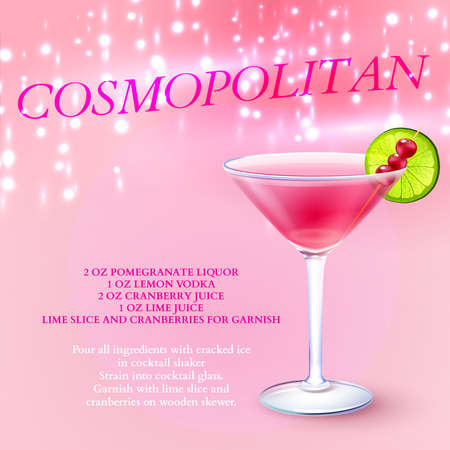 Drinks realistic background with martini glass filled with purple drink with berries and lime slice with text vector illustrationのイラスト素材