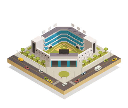 Classic baseball ballpark play area with sport stadium seating entrance and adjacent streets...
