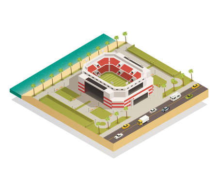 American football stadium field with goal lines isometric composition in coastal area with adjacent road vector illustrationのイラスト素材