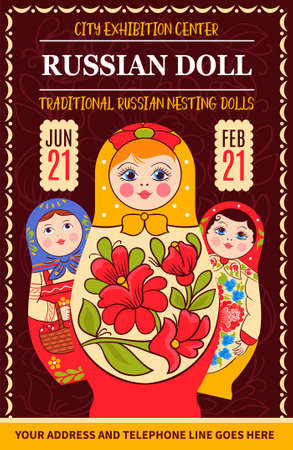 Matryoshka russian traditional poster with drawn style artwork decorative frame russian dolls with editable text and date vector illustrationのイラスト素材