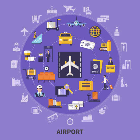 Colorful flat concept with various airport icons planes waiting room steward runway passengers custom control vector illustrationのイラスト素材