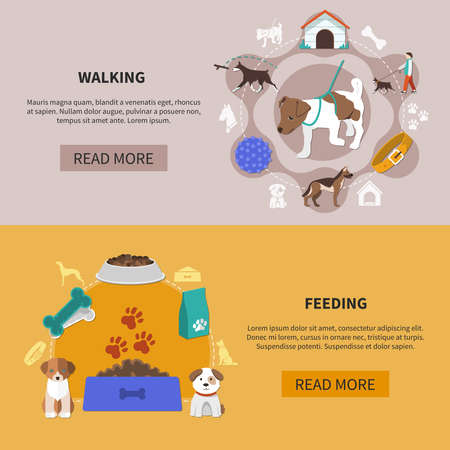 Set of two dogs horizontal banners with read more button editable text and pets symbolic images vector illustrationのイラスト素材