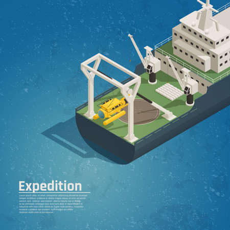 Bathyscaphe diving equipment for underwater exploration tests discoveries on board expedition ocean vessel isometric composition vector illustrationのイラスト素材