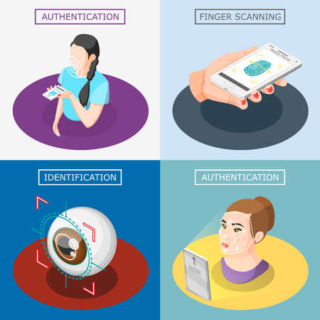 Biometric ID 2x2 design concept with finger scanning face and voice authentication identification by eye iris isometric icons vector illustrationのイラスト素材