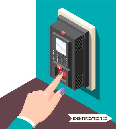 Biometric id background with electronic access control device and female hand with finger on sensor vector illustrationのイラスト素材