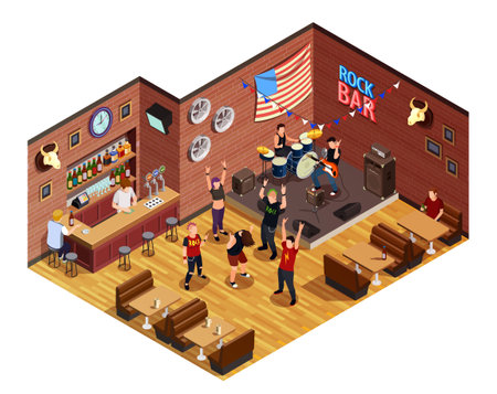 Rock stars in bar isometric composition with musicians on stage, admirers, interior elements vector illustrationのイラスト素材