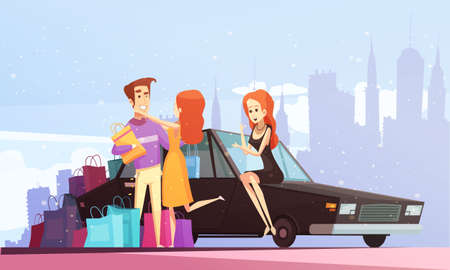 Shopping cartoon city background with man came with his car to meet happy young women with many purchases vector illustrationのイラスト素材