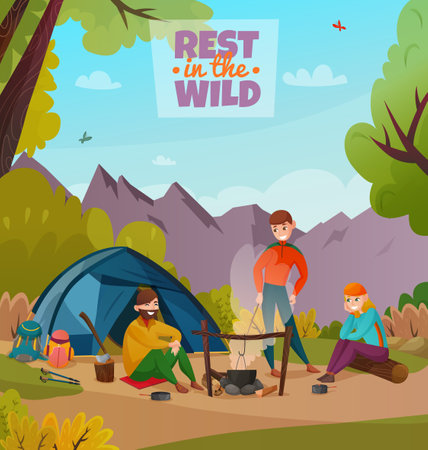 Camping people illustration with three human characters having outdoor rest break in the wild environment vector illustrationのイラスト素材