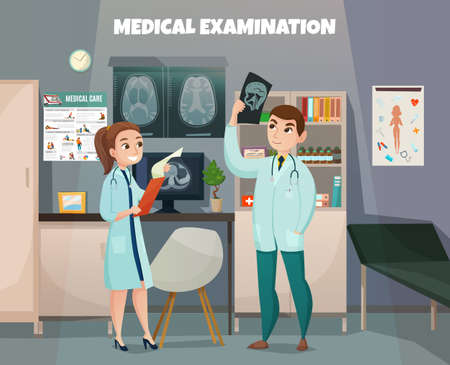 Doctors profession composition with clinic office room environment interior elements and human characters with ultrasonography baby shots vector illustrationのイラスト素材
