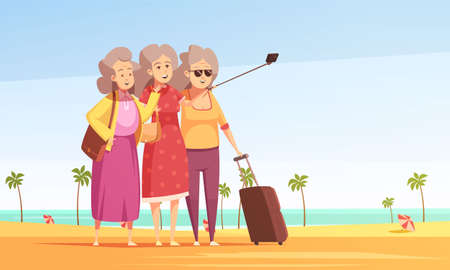 Group of three elderly women with baggage making selfie on south beach background flat vector illustrationのイラスト素材