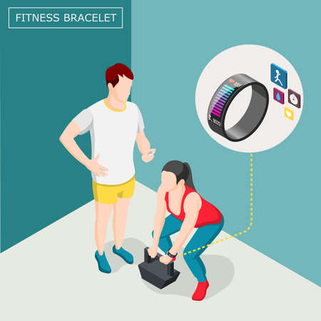Isometric background with woman athlete in fitness bracelet during weightlifting workout with trainer vector illustrationのイラスト素材