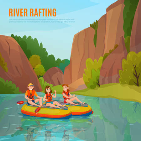 River rafting people composition with cartoon style human characters and mountain river landscape with editable text vector illustrationのイラスト素材