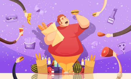 Gluttony leading to obesity cartoon poster with fat man holding hamburger and package of baked goods vector illustrationのイラスト素材