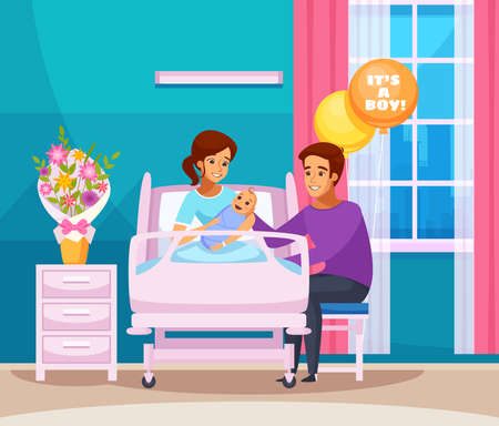 Childbirth cartoon composition with happy family with newborn boy in chamber of maternity hospital vector illustrationのイラスト素材