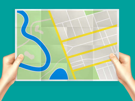 City map in hands realistic composition with human hands holding unfolded plan of the city vector...
