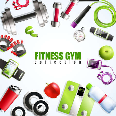Fitness gym realistic set with equipment and accessories symbols vector illustrationのイラスト素材