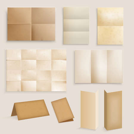 Vintage folded paper realistic set with isolated images of rubbed brown and yellow paper with unfolded sections vector illustrationのイラスト素材