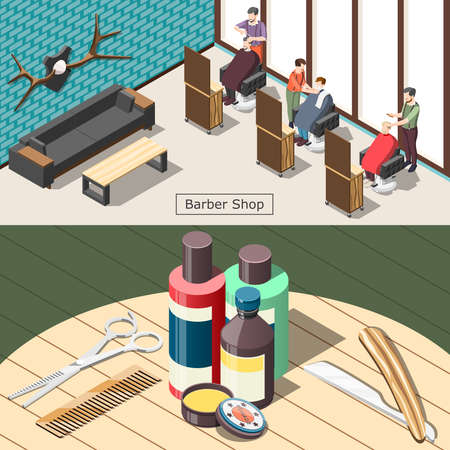 Barbershop set of horizontal isometric banners with male hair salon, professional tools and cosmetics isolated vector illustrationのイラスト素材