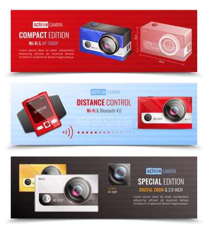 Action camera horizontal banners set with distance control symbols realistic isolated vector illustrationのイラスト素材