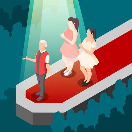 Fashion show isometric composition with designer and models on red walkway in rays of spotlight vector illustrationのイラスト素材