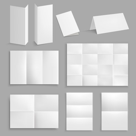 Folded paper realistic set with clear white unfolded paper of different sheet and section size vector illustrationのイラスト素材