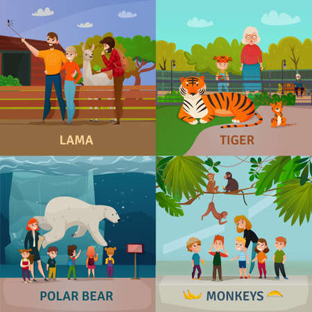 Zoo visitors 4 icons square concept with kids watching polar bear monkeys and tiger isolated vector illustrationのイラスト素材
