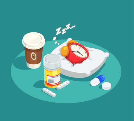 Hypnotics drugs isometric composition on turquoise background with alarm clock on white pillow, coffee, pills vector illustrationのイラスト素材