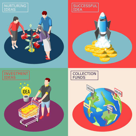 Crowdfunding isometric design concept with nurturing ideas, successful startup, financial investment, global fundraising isolated vector illustrationのイラスト素材