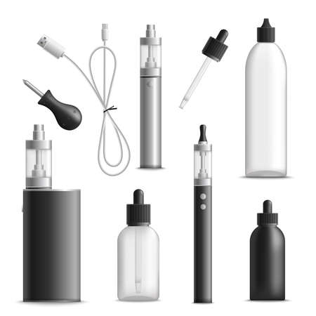 Vaping realistic set with isolated images of vaporizer devices vials for vape liquid and charging wire vector illustrationのイラスト素材