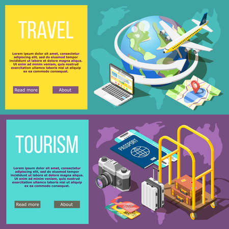 Travel and tourism horizontal banners booking tickets air travel hotel services active tourism adventure around world  isometric vector illustrationのイラスト素材