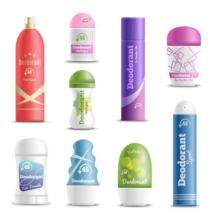 Deodorants spray sticks and roll-on types antiperspirant personal hygiene products realistic objects set isolated vector illustrationのイラスト素材