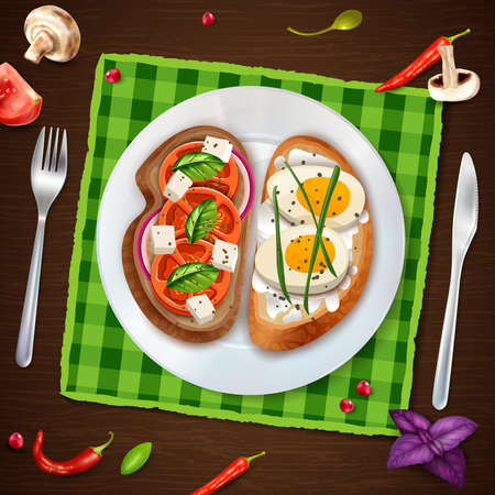 Top view of plate with two sandwiches on checkered fabric napkin at wooden background in rustic style vector illustration vector illustrationのイラスト素材