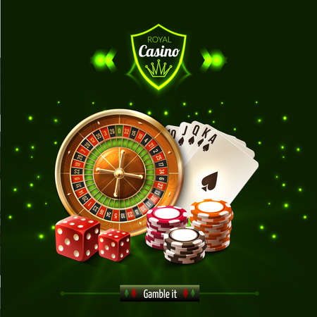 Gamble it casino realistic composition with dice playing cards roulette and chips vector illustrationのイラスト素材