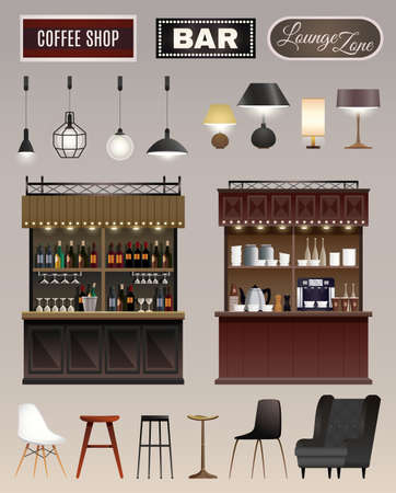 Coffee shop bar interior elements collection with counters wine liquor shelves lamps chairs stools isolated vector illustrationのイラスト素材