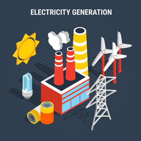 Electricity isometric colored composition with isolated elements of electrical and supply and production of electricity vector illustrationのイラスト素材