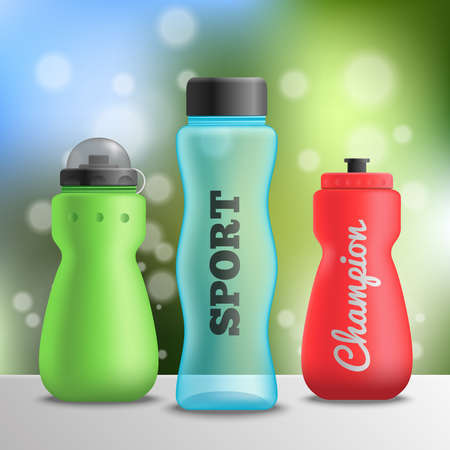 Fitness bottles realistic composition of three bottles on shelf surface and blurry background with text vector illustrationのイラスト素材