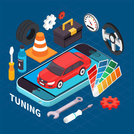 Auto service and tuning isometric concept with spare parts symbols vector illustrationのイラスト素材