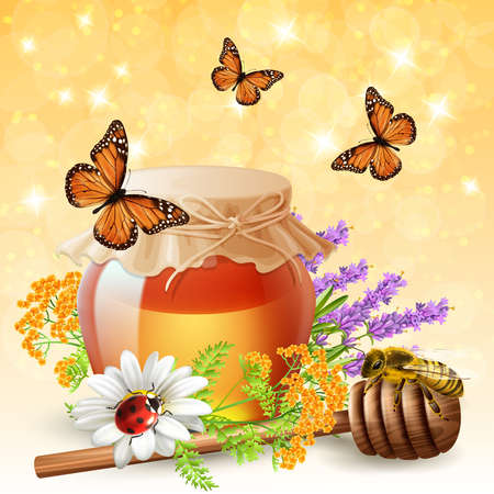 Flying butterflies ladybird and honeybees realistic composition of insects with lavender and wildflowers honey jar vector illustrationのイラスト素材