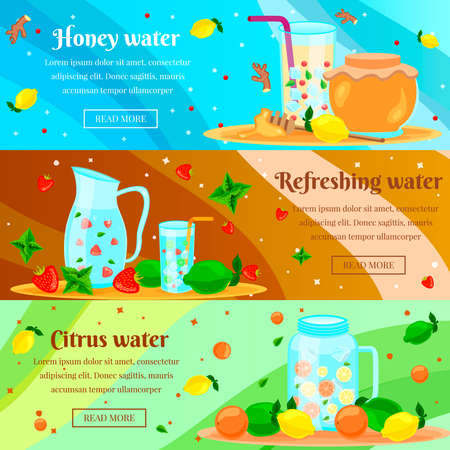 Detox honey citrus water cleansing body burning fat for rapid weight loss flat horizontal banners set vector illustrationのイラスト素材