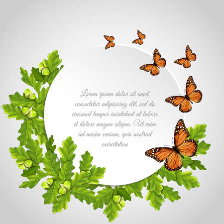 Butterflies realistic round frame card composition with insects oak leaves and text sample vector illustrationのイラスト素材