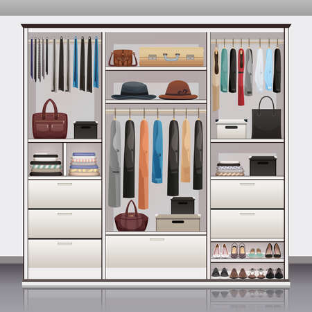 Wardrobe accessories storage with drawers organizers shoe racks hanging rails for scarves neck ties realistic vector illustrationのイラスト素材