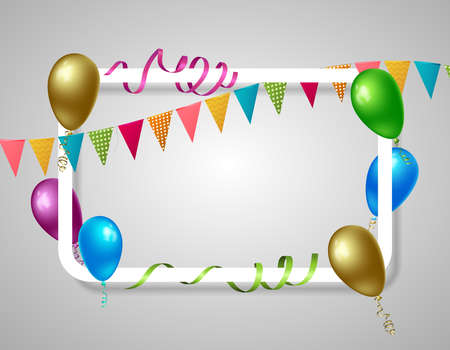 White rectangle frame with realistic holiday elements including colorful balloons, flags, streamers on grey background vector illustrationのイラスト素材