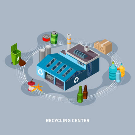 Garbage isometric composition with isolated images of various household waste trash bins and recycling centre building vector illustrationのイラスト素材