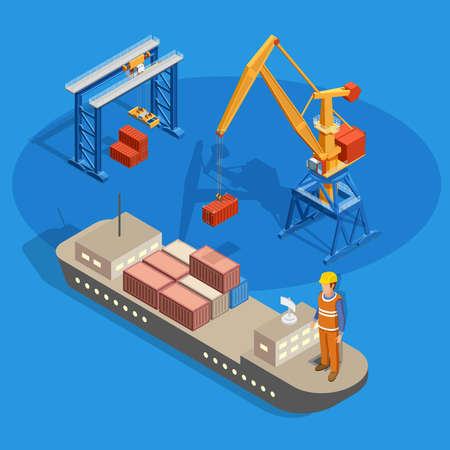 Loading cargo on ship isometric composition on blue background with industrial equipment and worker vector illustrationのイラスト素材