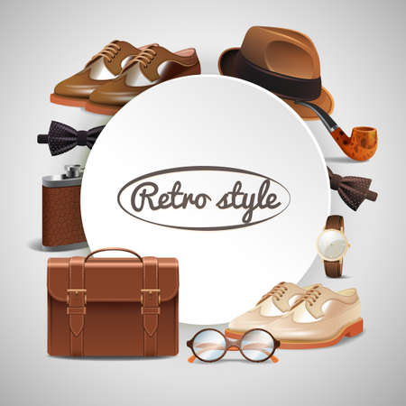 Retro gentleman accessories round frame with shoes briefcase glasses watch pipe hat bow tie realistic vector illustrationのイラスト素材