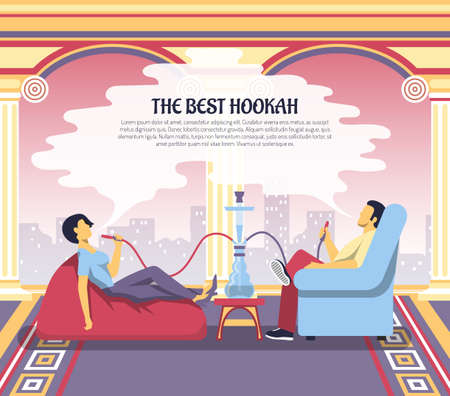 Hookah bar lounge with islamic decor elements and two relaxing visitors smoking water pipe shisha vector illustrationのイラスト素材